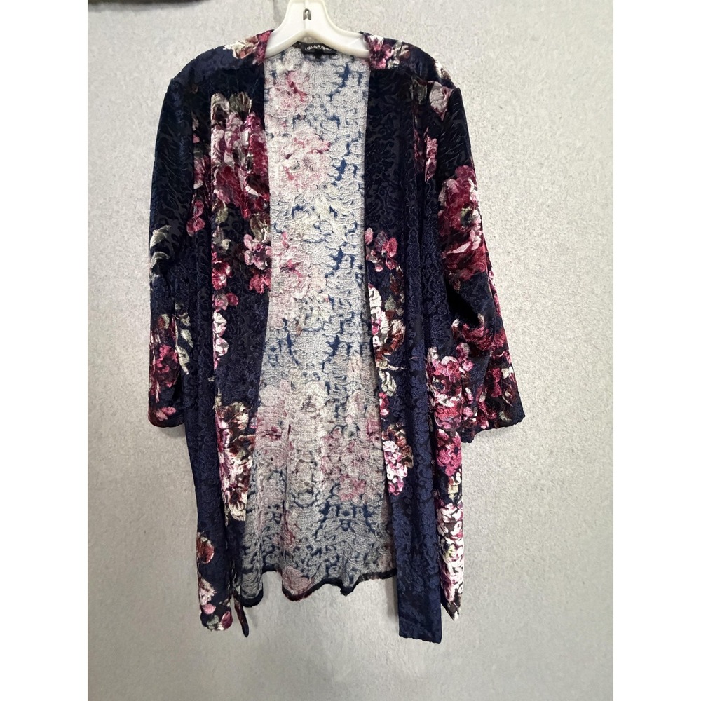 Slinky Brand Kimono Jacket Womens 1X Blue Velvet Floral Open 3/4 Sleeve Sheer‎
